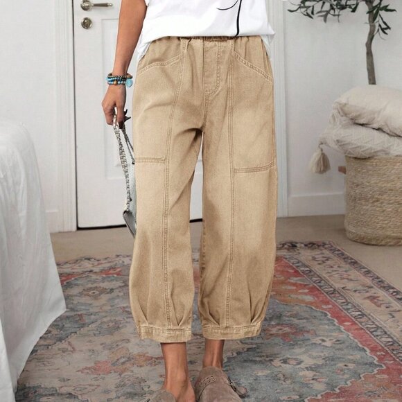 Khaki Casual Women's Vintage Elastic Waist Jeans - Picture 1 of 6